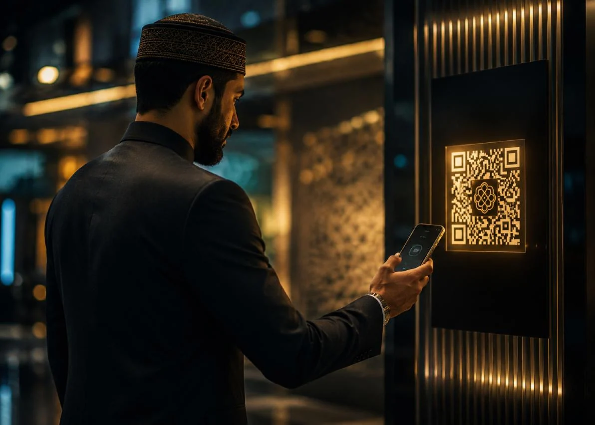 Concept illustration of a person scanning a community gateway with a phone.