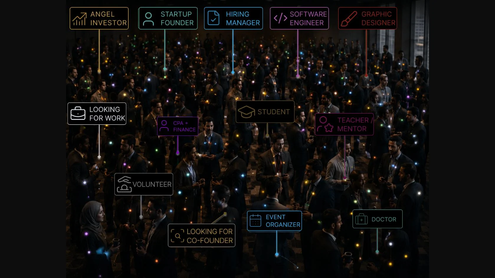 Concept illustration from the NexusG8 deck: a gathering revealing founders, mentors, volunteers, and people seeking work.