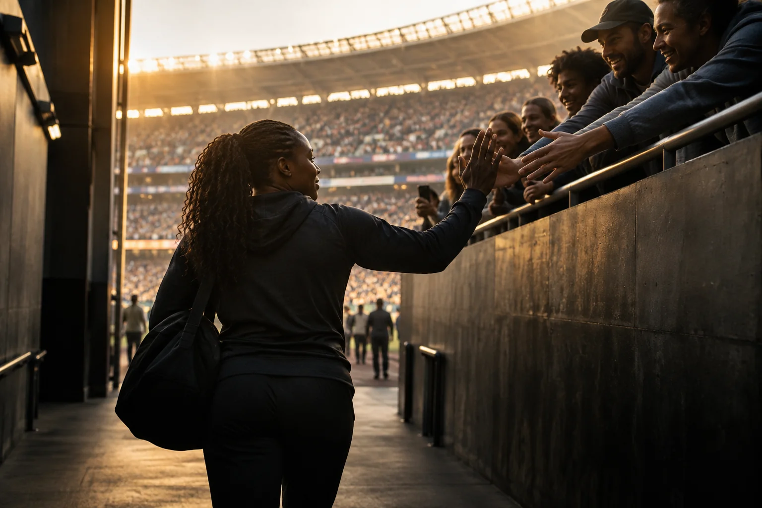 Illustrative scene of an athlete near a stadium tunnel looking toward fans gathered at the rail.