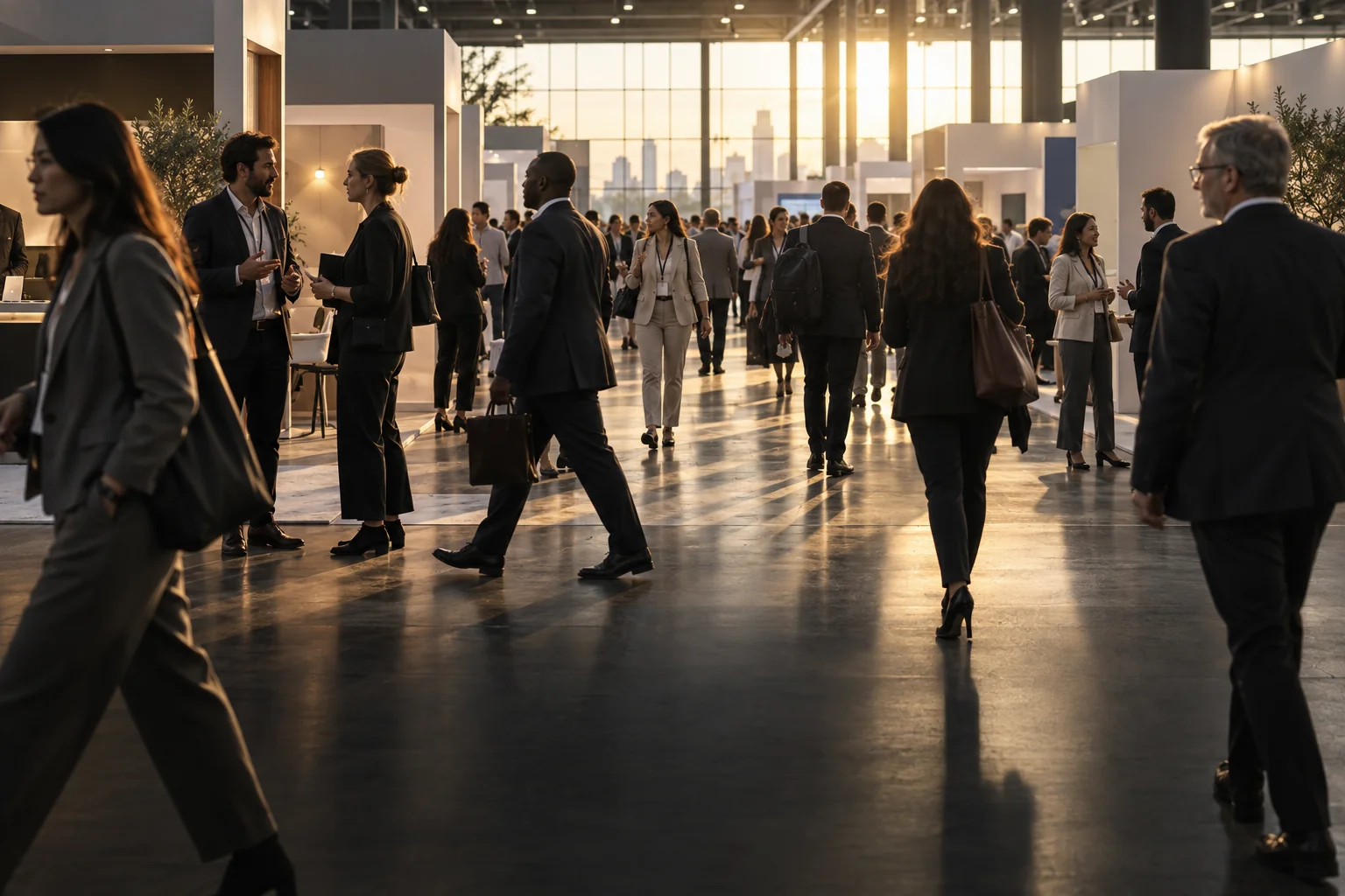 Illustrative business expo with diverse attendees crossing paths among exhibition stands.