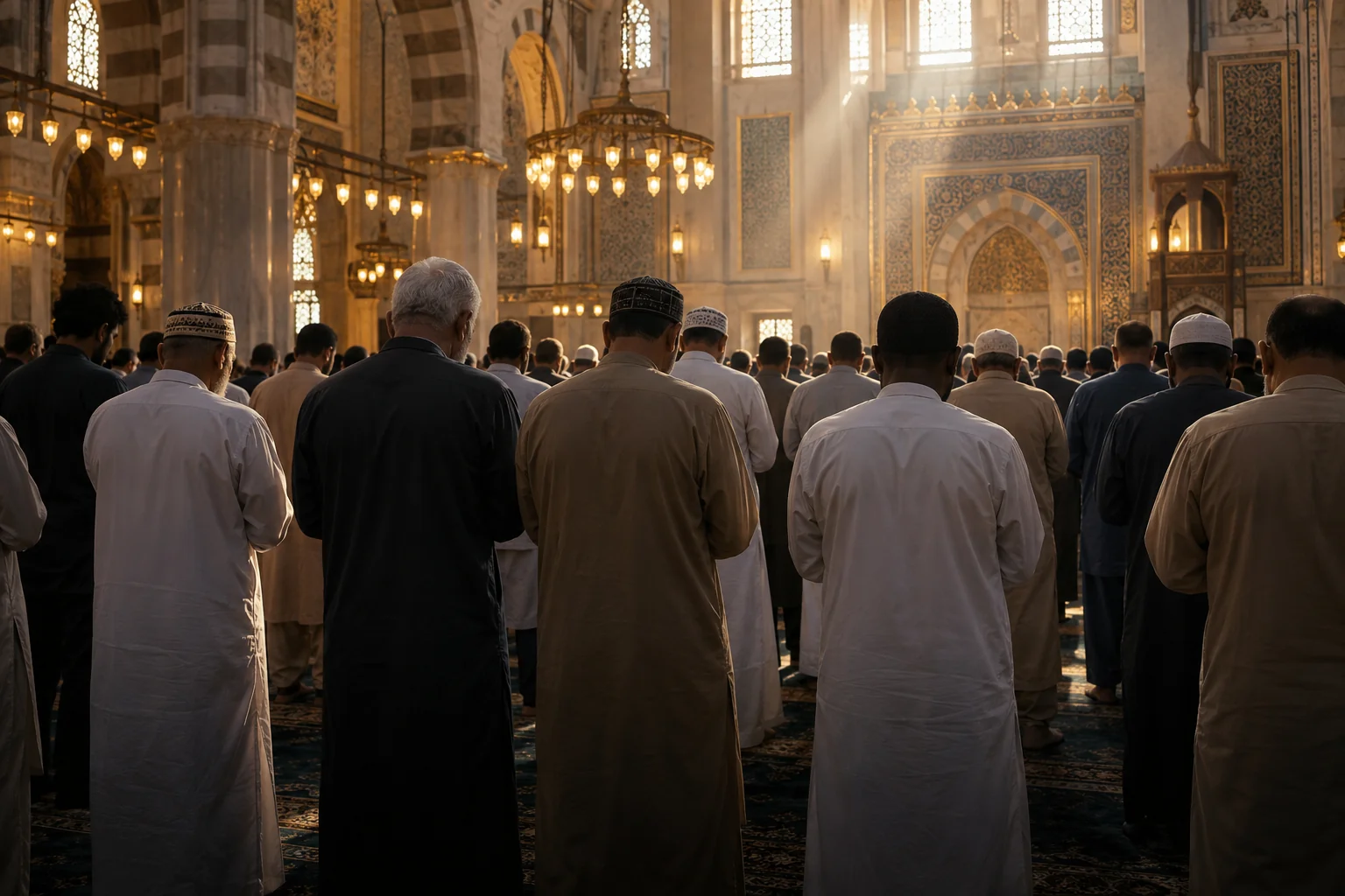 Illustrative scene of worshippers standing shoulder to shoulder in a sunlit mosque.